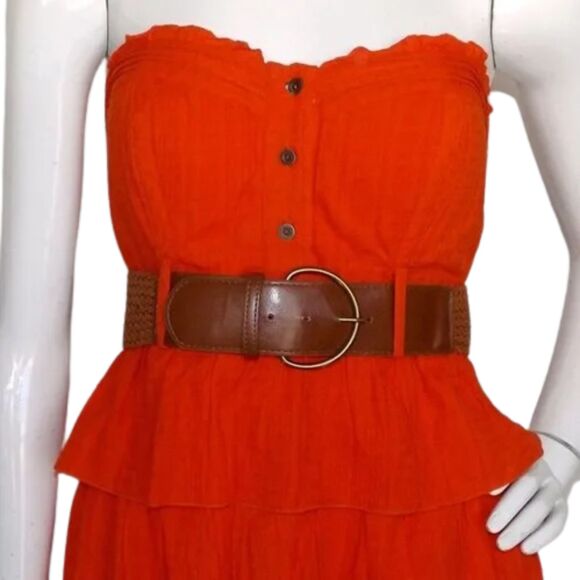 new 2B BEBE Mini Dress, S, Orange, Belt, Strapless, Ruffle/Tier Skirt, Side Zip - Picture 2 of 15